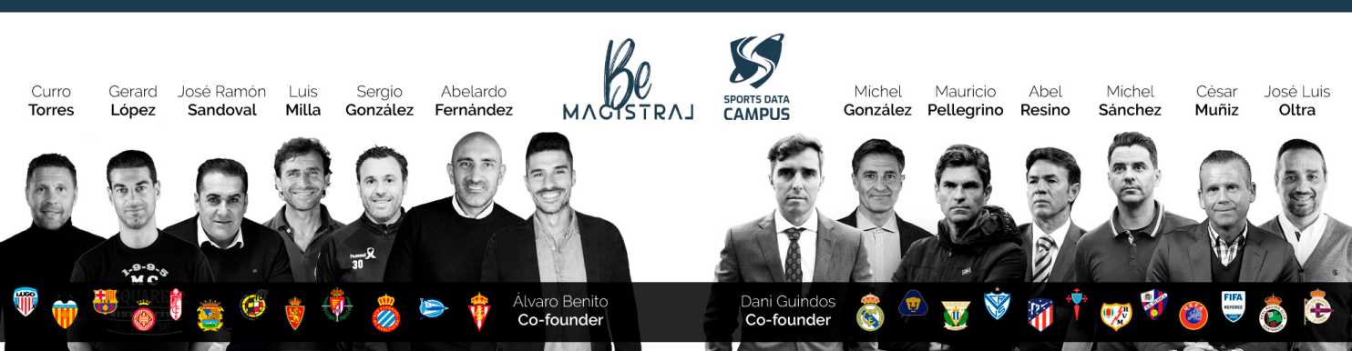 BeMagistral football programme teaching staff and co-founders alongside the Sports Data Campus logo
