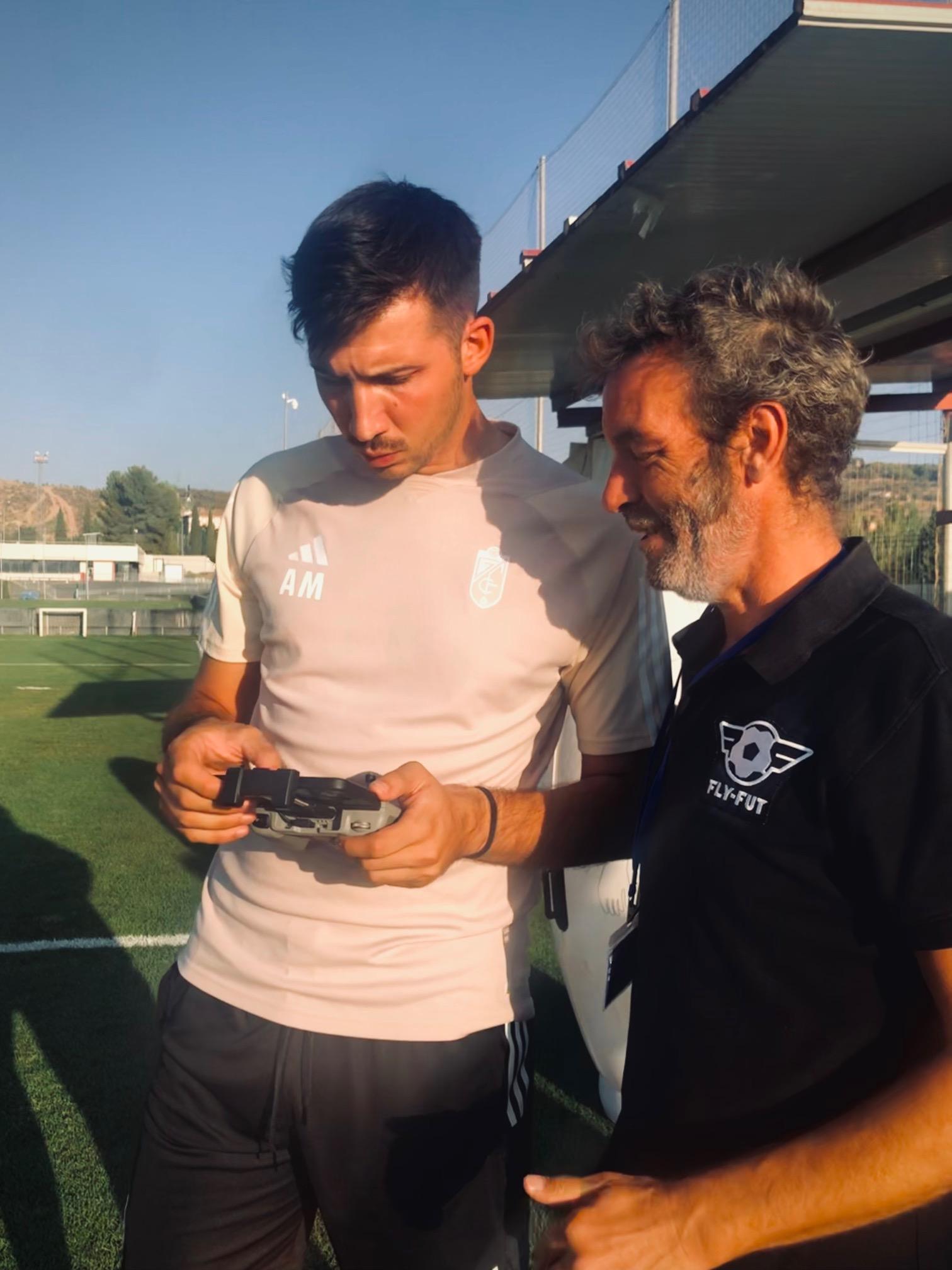 Fly-Fut drone controller demonstration at a football training ground