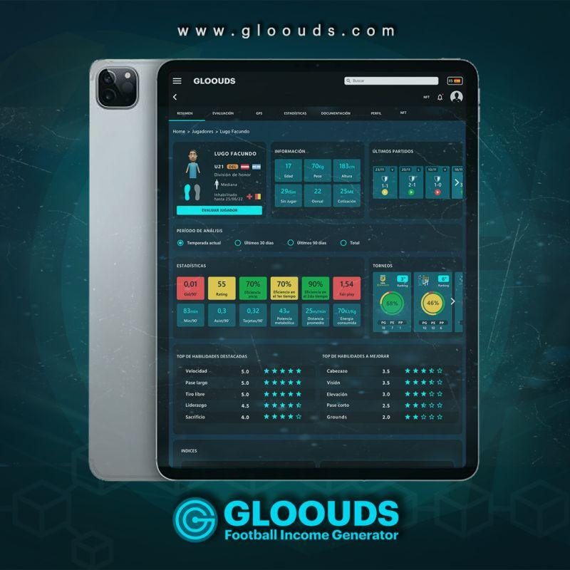 Gloouds platform on a tablet displaying a football player profile and performance statistics