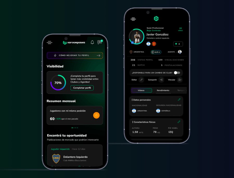 Librodepases mobile app showing player profiles, visibility statistics and football transfer opportunities
