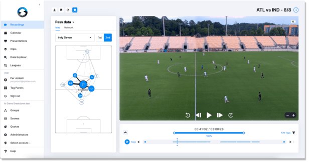 Spiideo video analysis interface showing football match footage and a passing network