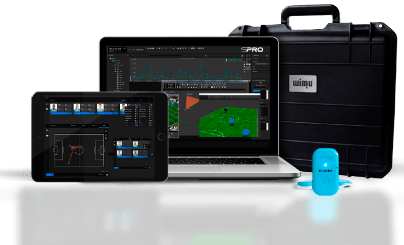 WIMU PRO wearable device with performance analysis software on a laptop and tablet